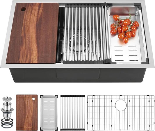Undermount Kitchen Sink 32x19x10 Inch, Stainless Steel Large Single Bowl Workstation Sinks with 5 Accessories