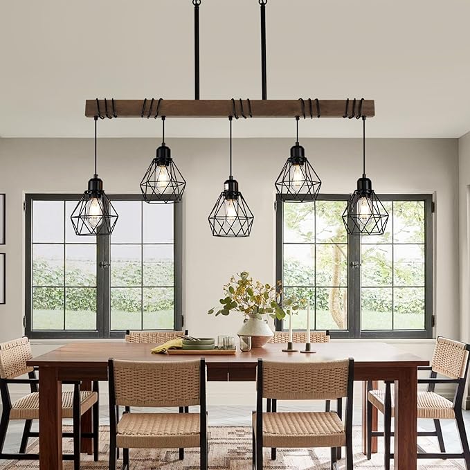 5-Light Kitchen Chandeliers Over Table, Farmhouse Black Dining Room Light Fixture, Linear Rustic Wood Ceiling Pendant Island Light Fixtures with Metal Lampshade, Height Adjustable