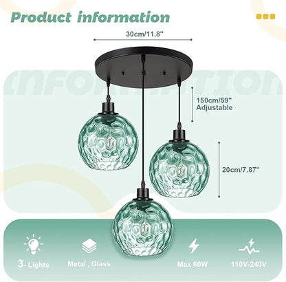 3-Light Vintage Chandelier Green Glass Globe Pendant Light Kitchen Island Mid Cenytury Lamps Black Ceiling Hanging Light for Bedroom Dining Room Living Room