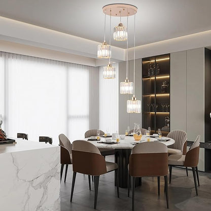 Crystal Pendant Lights Chandeliers for High Ceilings Modern Crystal Chandeliers Hanging Light Fixture Raindrop Drop Lamp for Dining Room Foyer Living Room Entryway Gold 5 Lights