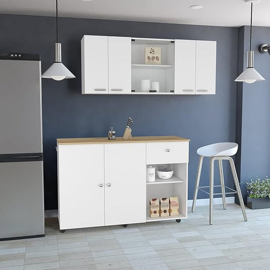 GOWE 2 Piece Kitchen Set, Kitchen Island Cart + 150 Wall Cabinet Glass, White/Light Oak