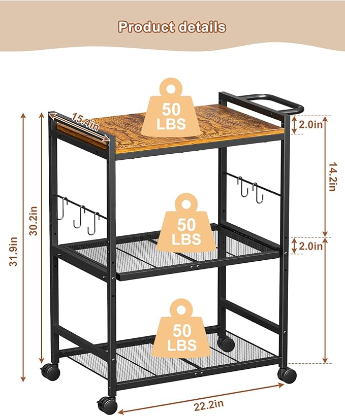 Feyejade Microwave Cart with Adjustable Shelves 3-Tier, Rolling Kitchen Cart with Push Handle, Microwave Stand with Storage, Small Utility Cart with Drawer Slider Shelf for Kitchen, Living Room
