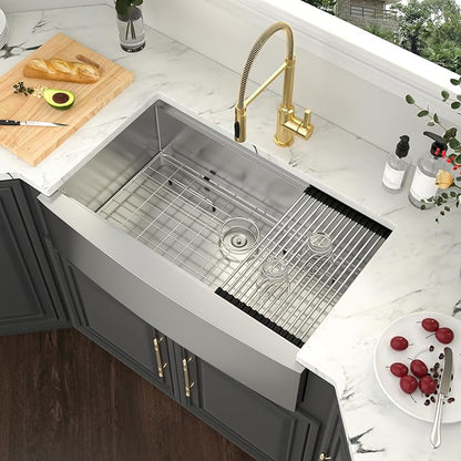 Kichae 36 Inch Farmhouse Kitchen Sink Ledge Workstation Apron Front Farmer Sink 16 Gauge Stainless Steel Single Bowl Handmade Under Counter Basin with Accessories