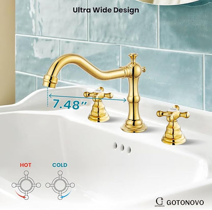 gotonovo Bathroom Faucet 3 Hole 8 Inch Widespread Bathroom Sink Faucet 2 Cross Handles Vintage Lavatory Vanity Mixer Tap with Pop Up Drain, HOT Cold Label, Polish Gold