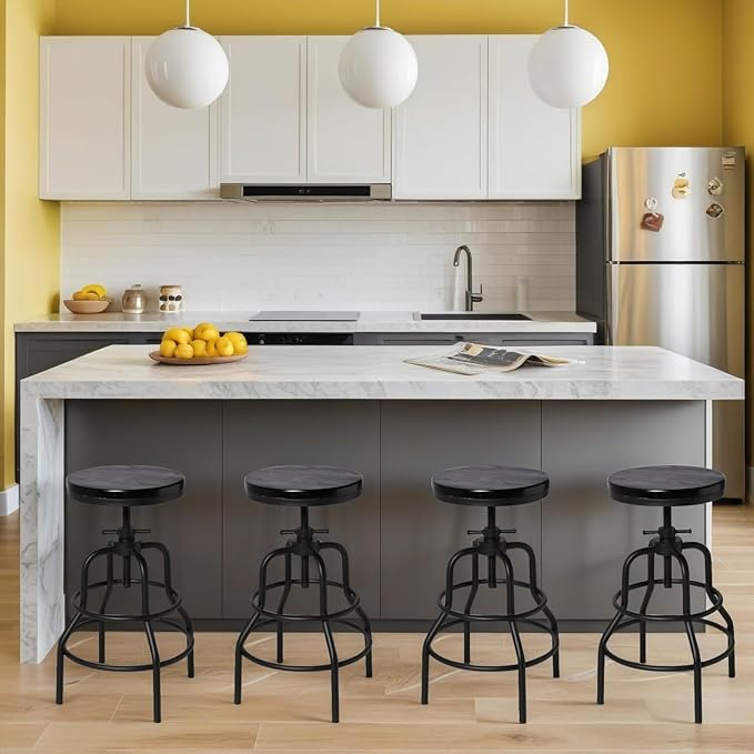 LOKKHAN 4-Pack Industrial Bar Stools, Heavy-Duty Black Metal Frame with Ergonomic Wood Seat, 360° Swivel Function, Height Adjustable (23.6" to 29.5") - Sturdy Design for Home & Commercial Use
