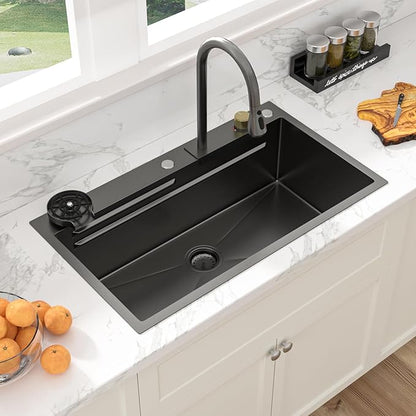 Sarlai 33 Inch Black Waterfall Kitchen Sink 33x19 Drop In Workstation Kitchen Sink Stainless Steel 16 Gauge Topmount Single Bowl Multifunctional Top Mount Sinks with Faucet Combo
