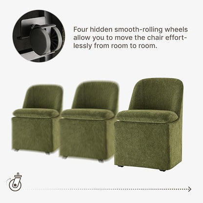KISLOT Upholstered Dining Chairs Set of 4 with Casters, Modern Side Armless Deskchair with Washable Slipcover & Sturdy Metal Frame for Diningroom Bedroom Livingroom Reading Room, Green Fabric