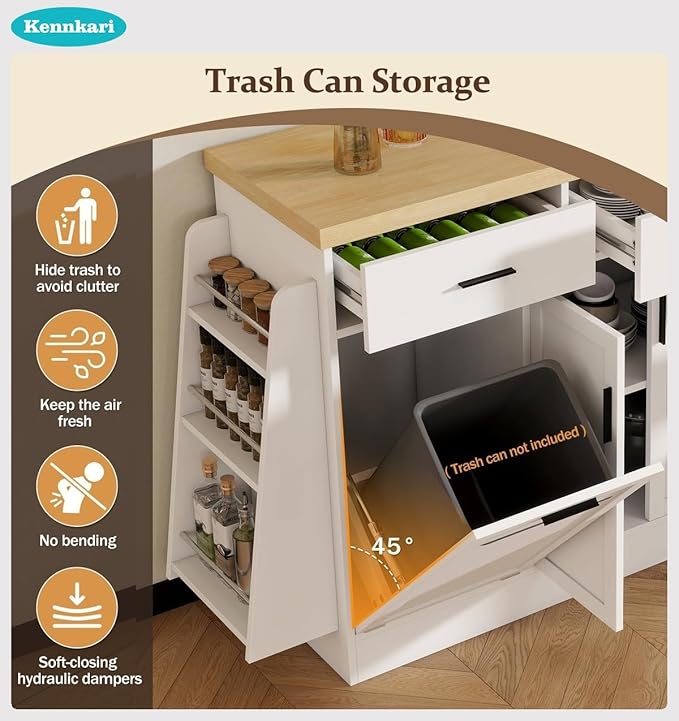 58'' Multi-Functional Storage Sideboard with Trash Can Storage and Adjustable Shelves, Console Table with Sliding Door Cabinet, Kitchen Island with 3-Tier Spice Rack for Dining Room (White)