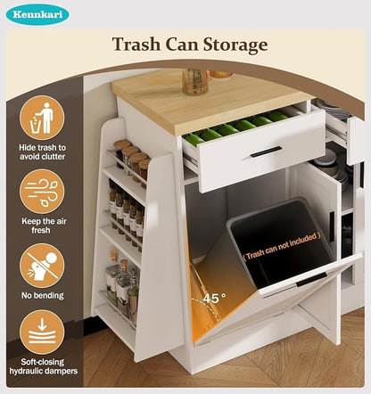 58'' Multi-Functional Storage Sideboard with Trash Can Storage and Adjustable Shelves, Console Table with Sliding Door Cabinet, Kitchen Island with 3-Tier Spice Rack for Dining Room (White)