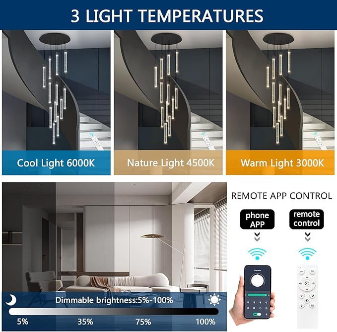 10-Lights Modern Chandelier for Staircase LED Dimmable Chandelier Crystal Chandelier Pendant Lights for High Ceiling Chandelier for Foyer