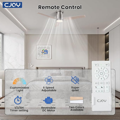 CJOY Ceiling Fans with Lights, 52 Inch Flush Mount Indoor Ceiling Fan with Light and Remote, Low Profile, LED Dimmable DC Reversible Modern Ceiling Fan for Bedroom（Brushed Nickel）