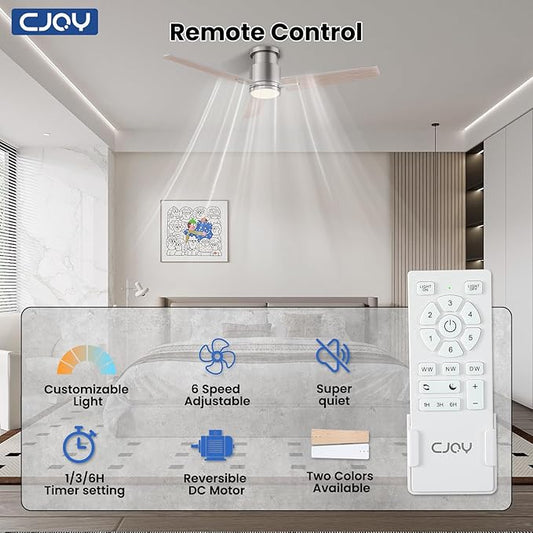CJOY Ceiling Fans with Lights, 52 Inch Flush Mount Indoor Ceiling Fan with Light and Remote, Low Profile, LED Dimmable DC Reversible Modern Ceiling Fan for Bedroom（Brushed Nickel）