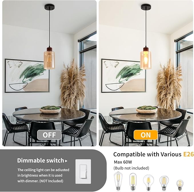 Modern Wood Pendant Lighting for Kitchen Island, Farmhouse Pendant Light Fixtures 3 Pack, Adjustable Hanging Ceiling Light with Amber Glass Shade
