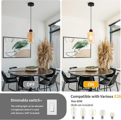 Modern Wood Pendant Lighting for Kitchen Island, Farmhouse Pendant Light Fixtures 3 Pack, Adjustable Hanging Ceiling Light with Amber Glass Shade