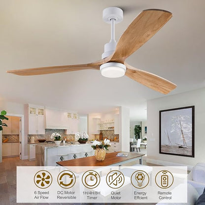 60 Inch Ceiling Fans with Lights and Remote, Quiet Reversible DC Motor and 3 Color Dimmable LED Light, 6 Speeds Wood Ceiling Fan for Farmhouse Living Room Bedroom Dining Room Workroom Study