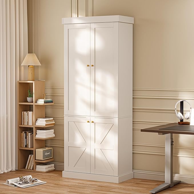70.8" Tall Farmhouse Kitchen Pantry Cabinet with Doors, Modular Storage Cabinet with 4-Tier Adjustable Shelves, Wooden Hutch for Kitchen or Living Room, Set of 4, White