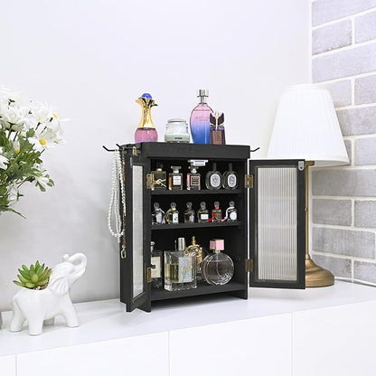 Ikee Design Wooden Countertop Storage Cabinet with Wavy Magnetic Door, Adjustable Shelves, Removable Hooks. Perfect for Perfume, Figurines, and Coffee Cups, Black Color, 10.4 W x 6.1 D x 14.4 H in
