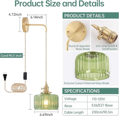 Shenmoyl Vintage Wall Sconce with Green Striped Glass Shade Hanging Wall Sconce with 4.9FT Plug in Cord, Modern Wall Lamp Fixtures Decor for Bedside Bedroom Indoor Doorway, Set of 2