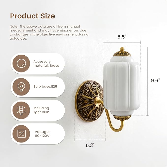 Vintage Milk White Glass Wall Sconce - Milk Glass Shade Antique Brass Indoor Wall Light for Bedroom, Living Room, and Hallway