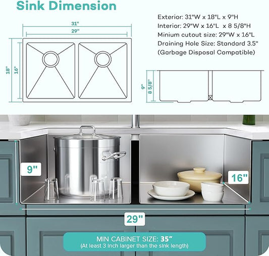 Rhbamoa Double Bowl Kitchen Sink Undermount 31 inch,16-Gauge T304 Undermount Kitchen Sink Stainless Steel,50/50 Stainless Steel Double Sinks with Accessories,Deep Sinks with Brushed Finish