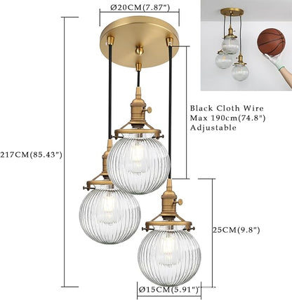 Phansthy Kitchen Island Lighting, 3 Lights Linear Chandeliers, Hanging Light with 5.9" Globe Striped Glass Shade, 3-Light Pendant Light Fixtures for Dining Room Farmhouse (Antique Gold, Round Base)