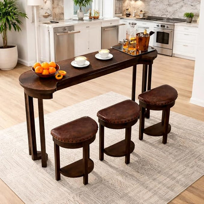 Bar Table and Chairs Set of 4 with 3 PU Upholstered Bar Stools, Breakfast Bar Table, Solid Wood Bar Height Dining Table Set, for Kitchen, Living Room, Party Room, Small Space (Espresso)