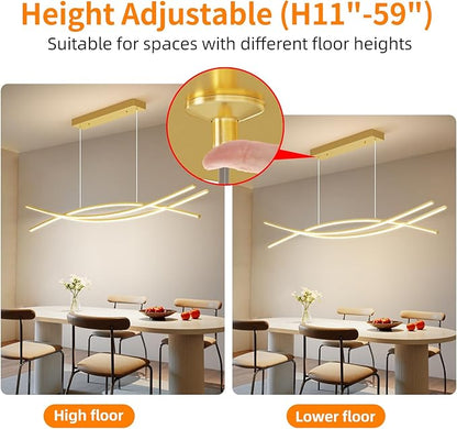 Modern Ceiling Chandelier Light, 47IN Gold Pendant Light Fixtures with Remote Control 3000k-6500K Adjustable Color Temperature, Aluminum Island Lighting Lamp for Dining Room, Living Room, Island
