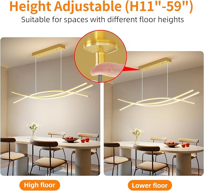 Modern Ceiling Chandelier Light, 39IN Gold Pendant Light Fixtures with Remote Control 3000k-6500K Adjustable Color Temperature, Aluminum Island Lighting Lamp for Dining Room, Living Room, Island