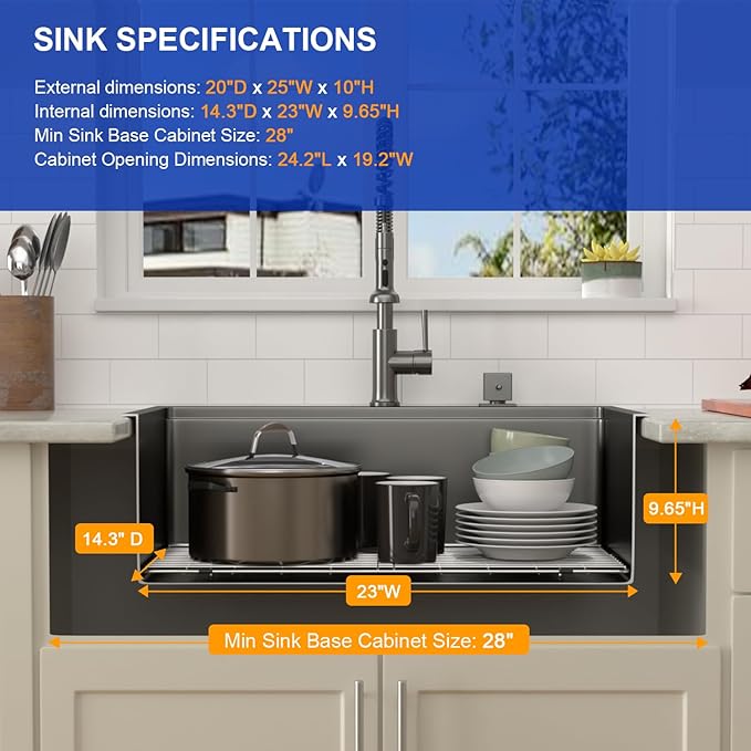 Dcolora 25 Inch Black Kitchen Sink Drop In, Nano-PVD Black Stainless Steel Workstation Sink Single Bowl Topmount with Accessories All-In-One, #DC-T8861 25"x20"x10"