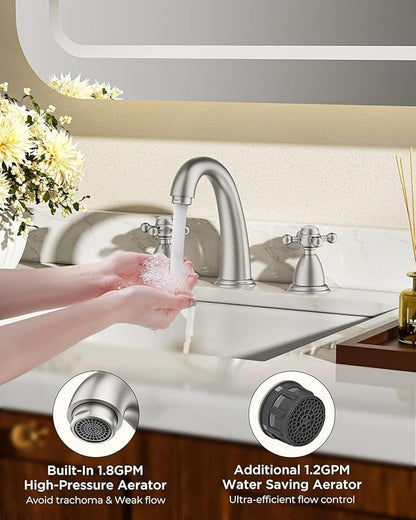 FORIOUS Faucet for Bathroom Sink 3 Hole, Brushed Nickel Bathroom Faucet Widespread with Pop Up Drain and Water Hose Supply, 2 Cross Handle Design, for Vanity RV Farmhouse Sink