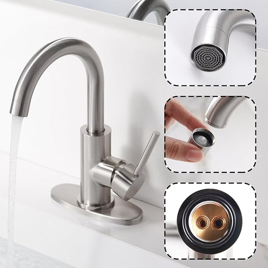Brushed Nickel Bathroom Faucet - Single Hole Waterfall Bathroom Sink Faucet with Drain Assembly, 360° Swivel Spout Vanity Faucet Single Handle Lavatory Sink Faucet
