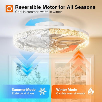 addlon Ceiling Fans with Lights and Remote, 20'' Low Profile Flush Mount Ceiling Fan, 3000–6000K Dimmable LED Fandelier, Bladeless Crystal Fan Light for Bedroom, Kitchen, Living Room, White