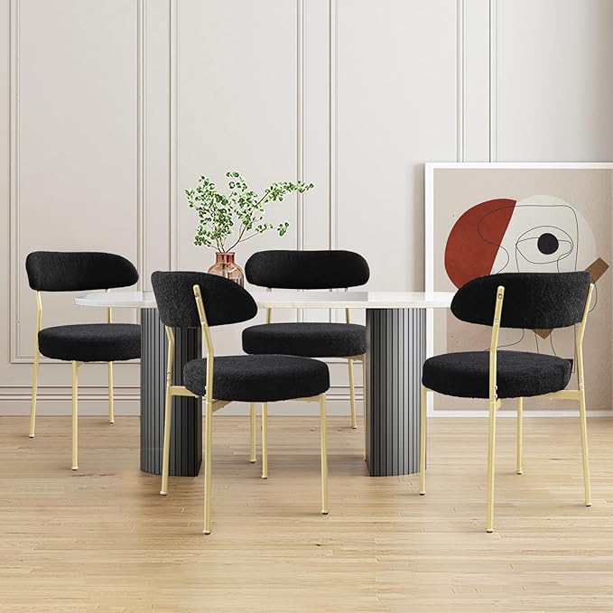 Black Boucle Dining Chair Set of 4, Modern Oval Upholstered Dining Chairs with Curved Back and Metal Leg for Dining Room,Restaurant,Kitchen Island(Gold Leg)