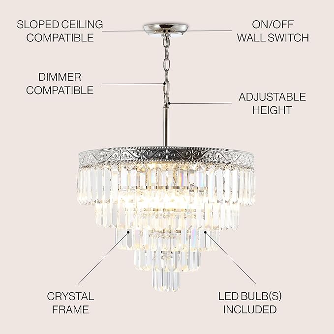 JONATHAN Y 20" Polished Nickel/Clear 4-Light LED Chandelier, Modern Tiered Pendant Light Fixture for Dining Room, Bedroom, Entryway with Clear Faceted Crystal Shade (JYL9007A)
