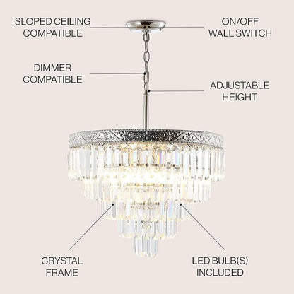 JONATHAN Y 20" Polished Nickel/Clear 4-Light LED Chandelier, Modern Tiered Pendant Light Fixture for Dining Room, Bedroom, Entryway with Clear Faceted Crystal Shade (JYL9007A)