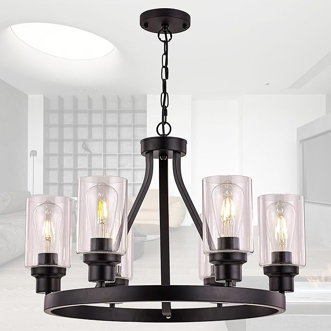 Farmhouse Chandelier for Dining Room Light Fixture Black Kitchen Pendant Light 6-Light Round Rustic Ceiling Hanging Lighting with Glass Globes Adjustable Height Metal E26
