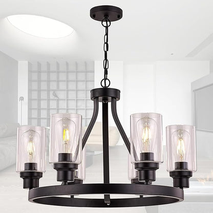 Farmhouse Chandelier for Dining Room Light Fixture Black Kitchen Pendant Light 6-Light Round Rustic Ceiling Hanging Lighting with Glass Globes Adjustable Height Metal E26