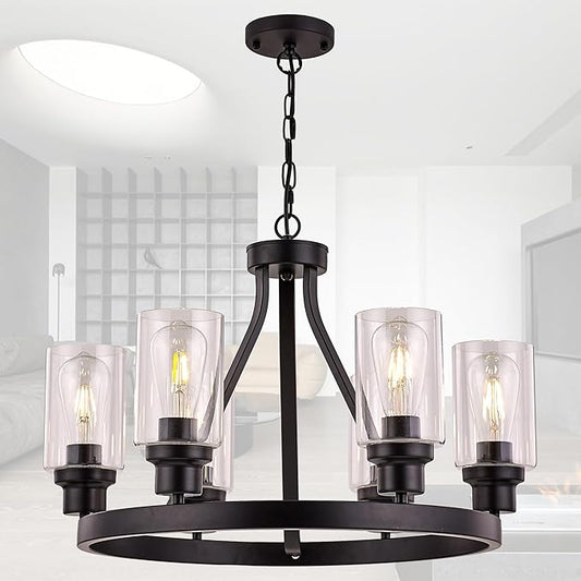 Farmhouse Chandelier for Dining Room Light Fixture Black Kitchen Pendant Light 6-Light Round Rustic Ceiling Hanging Lighting with Glass Globes Adjustable Height Metal E26