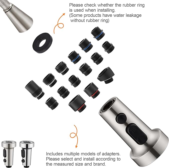 TIORIY with 15 Adapters Pull Down Kitchen Sink Faucet Head Replacement, 3 Functions Plastic Kitchen Sink Sprayer Nozzle Replacement for Kitchen Faucet, Pause Mode (Brushed Nickel)