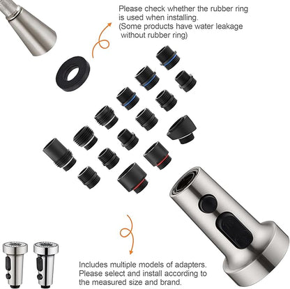 TIORIY with 15 Adapters Pull Down Kitchen Sink Faucet Head Replacement, 3 Functions Plastic Kitchen Sink Sprayer Nozzle Replacement for Kitchen Faucet, Pause Mode (Brushed Nickel)