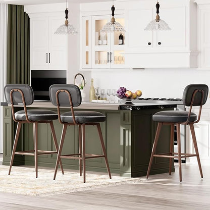 MALOL 26“ Swivel Bar Stools Set of 2, Mid Century PU Leather Counter Height Bar Chairs with Low Back and Metal Legs, Modern Bar Stool Chair for Kitchen Island, Black