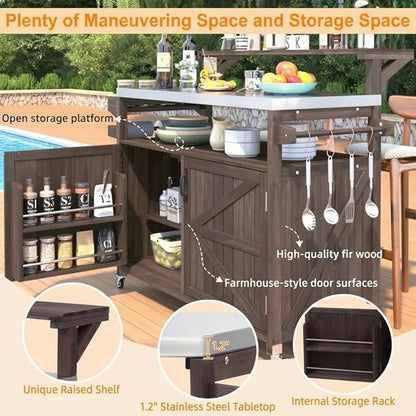 Casaphoria 53.3" Outdoor Kitchen BBQ Grill Cart, 100% Fir Wood Bar Cart Pizza Oven Table with Stainless Steel Countertop, Raised Worktop, Hooks, Adjustable Shelves Outdoor Kitchen Island, Brown