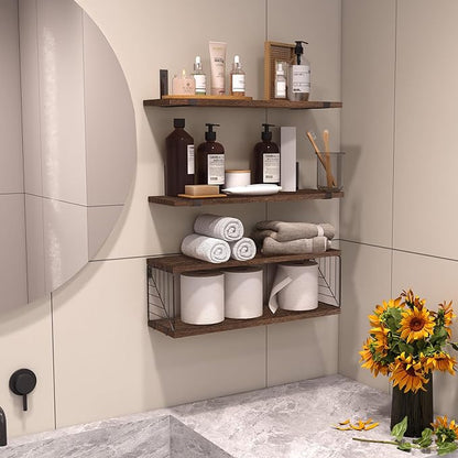 Fixwal Bathroom Floating Shelves Over Toilet, 15.8in Farmhouse Rustic Wood Shelves, Wall Decor for Bathroom, Living Room, Bedroom and Kitchen (3 Plus 1 Tier Dark Brown)