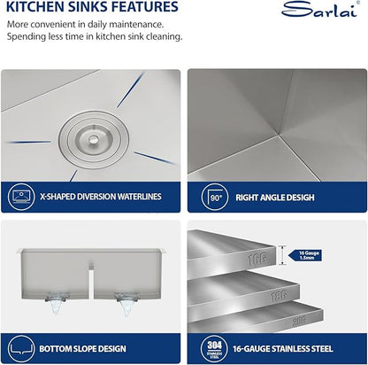 Sarlai 36 Inch Undermount Kitchen Sink Double Bowl Kitchen Sink Low-Divide Large Undermount Workstation16 Gauge Stainless Steel 50/50 Double Basin Under Counter Sinks