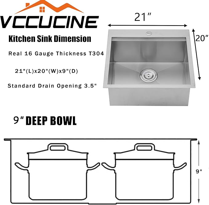 VCCUCINE Bar Sink Drop in, 21x20 Inch Topmount RV Small Kitchen Sink, 16 Gauge Overmount Stainless Steel Laundry Wet Bar Sink, Top Mount Outdoor Single Bowl,Brushed Nickel Prep Sink with Accessories