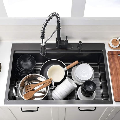 33 Inch Black Drop In Kitchen Sink Workstation - VOKIM 33x22-Inch Drop In Sink Stainless Steel Top Mount 16 Gauge Single Bowl 10'' Deep Handmade Kitchen sink with Cutting Board& Strainer