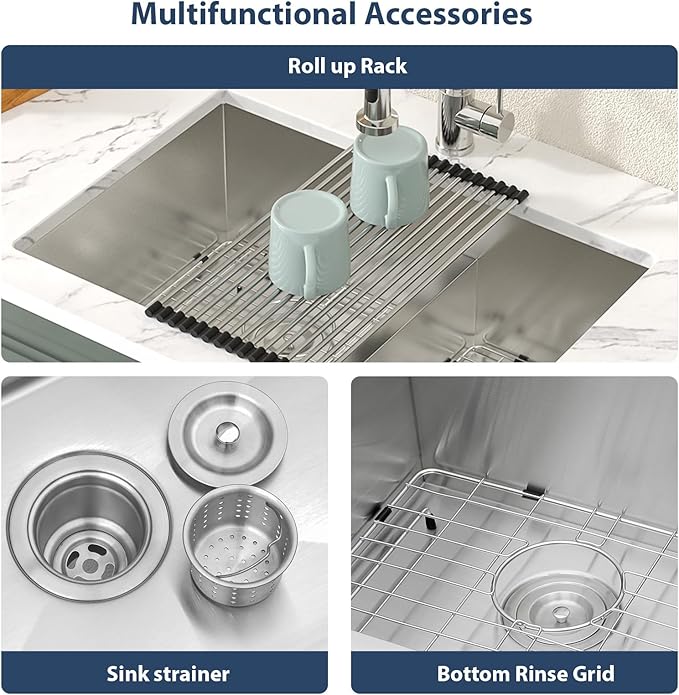 Lordear 28 Undermount Sink Double Bowl Kitchen Sink 28X19 Inch Undermount Low Divide Double Bowl 60/40 16 Gauge Stainless Steel Kitchen Sinks