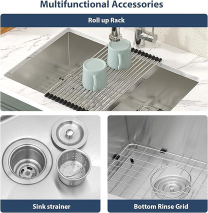 Lordear 28 Undermount Sink Double Bowl Kitchen Sink 28X19 Inch Undermount Low Divide Double Bowl 60/40 16 Gauge Stainless Steel Kitchen Sinks
