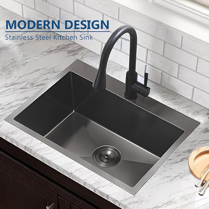 20 Inch Drop In Kitchen Sink Black, 20 x 16 Gunmetal Black Stainless Steel Single Bowl Top Mount Drop In Bar Wet Prep RV Outdoor Kitchen Sink, 16 Gauge Brushed Nickel