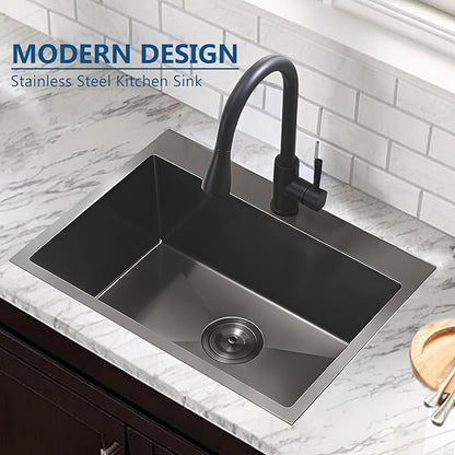 20 Inch Drop In Kitchen Sink Black, 20 x 16 Gunmetal Black Stainless Steel Single Bowl Top Mount Drop In Bar Wet Prep RV Outdoor Kitchen Sink, 16 Gauge Brushed Nickel